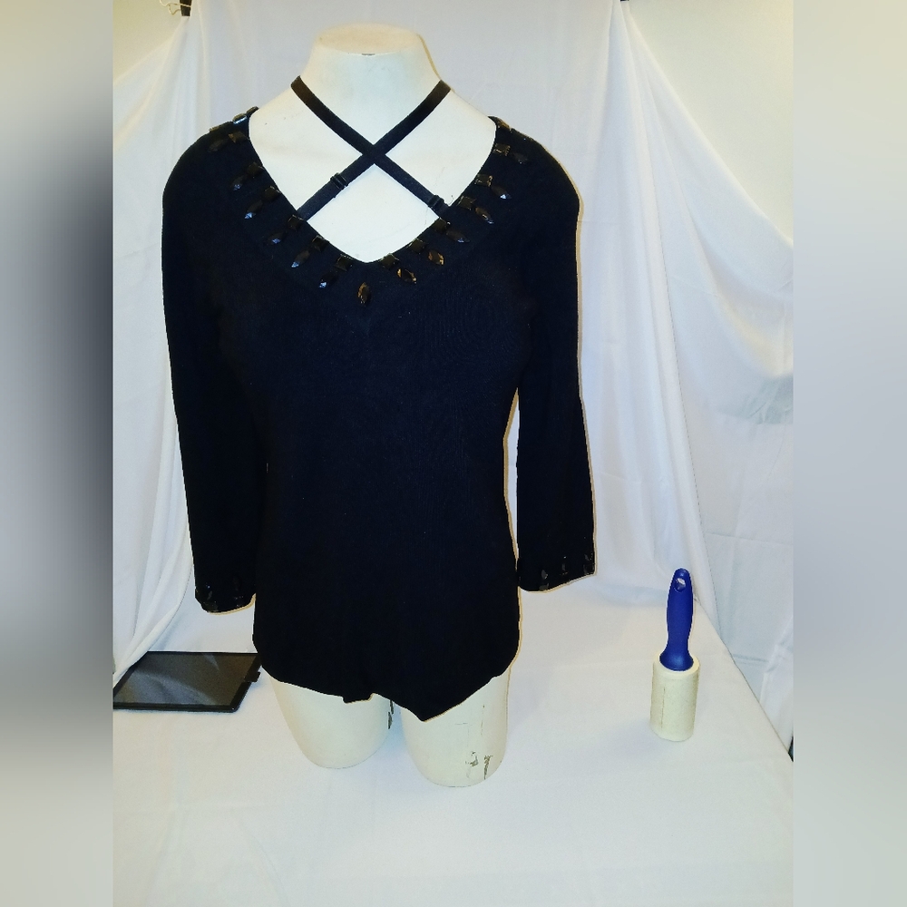 Katherine Barclay Black V-Neck Sweater with Embellished Trim